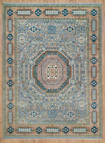 Hand-Knotted Silver Grey Oriental Rug with Rust Border – Timeless Luxury for Living Rooms