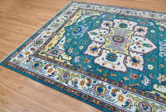 Hand-Knotted Harmony Rug – Soft Teal & Ivory Turkish Wool Area Rug