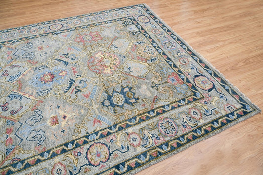 Serene Oasis | Modern Oushak Rug in Soothing Blues and Grays with Pink Pops