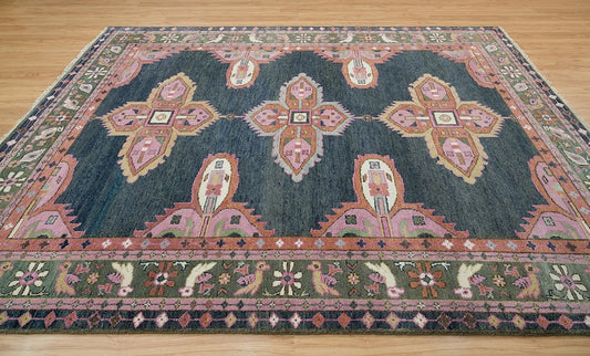 Emerald & Navy Tapestry | Handwoven Turkish Oushak Rug with Pink Accents | Wool