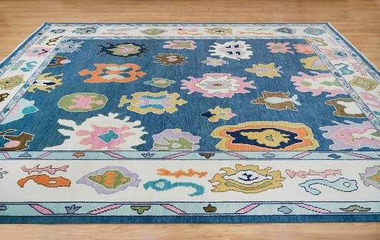 Turkish Handmade Contemporary Oushak Rug – Soft Blue & White with Subtle Pink Accents | Modern Living Room Rug