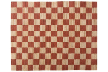 Handwoven Jute & Wool Rug – Terracotta & Natural Checkered Pattern