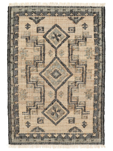 Handwoven Jute & Wool Rug – Flatweave Area Carpet with Blue & Beige Geometric Pattern | Modern Rustic Home Décor