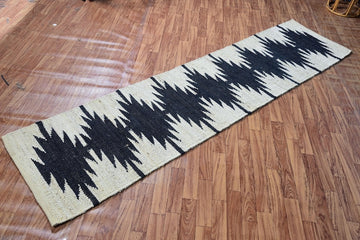 Handwoven Jute Runner Rug with Black Zigzag Tribal Pattern - Natural & Black