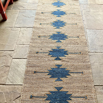 Handcrafted Flatweave Runner – Jute & Wool with Teal Tribal-Inspired Motif