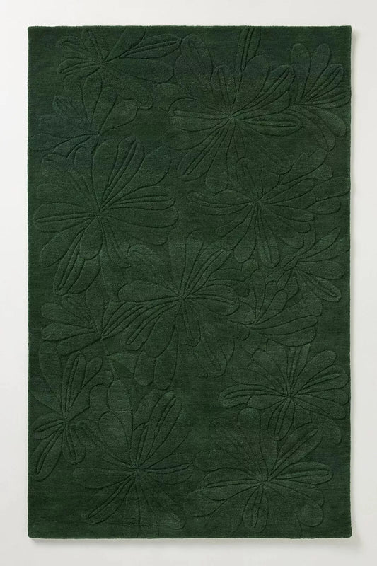 Hand-Tufted Wool Rug Sculpted Daisy Floral Green Modern Carpet Home Decor