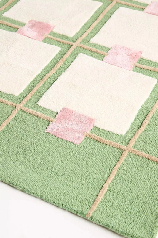 Wool Viscose Blend Tufted Area Rug Greer Geometric Handmade Green Pink Ivory