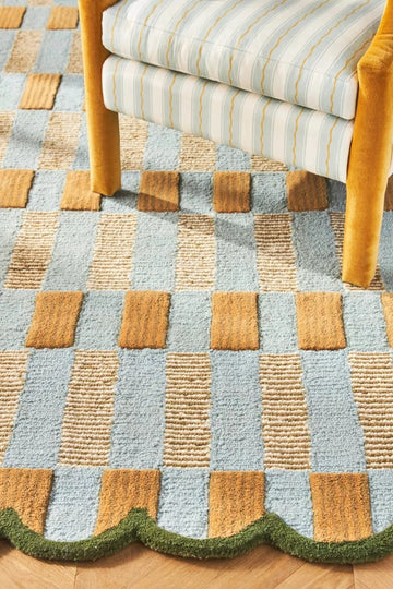 Hand-Tufted Wool Area Rug Soft Plaid Checkerboard Green Border Modern Decor