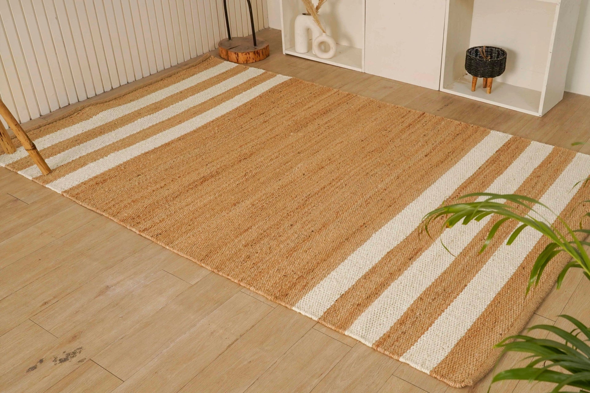 Natural Jute Striped Rug with White Accents