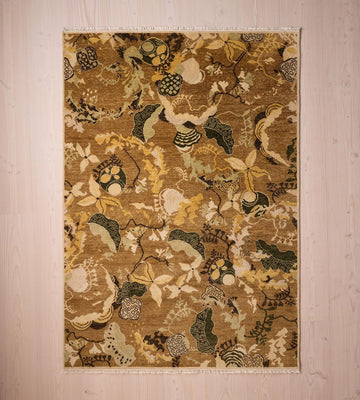 Hand-Knotted Abstract Botanical Oushak Wool Area Rug – Mustard Gold & Olive Green | Turkish-Inspired Boho Décor for Large Rooms