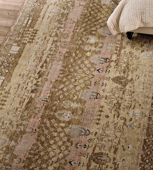 Hand-Knotted Teal & Gold Oushak Rug – Vintage-Inspired Persian Wool Area Rug with Fringes