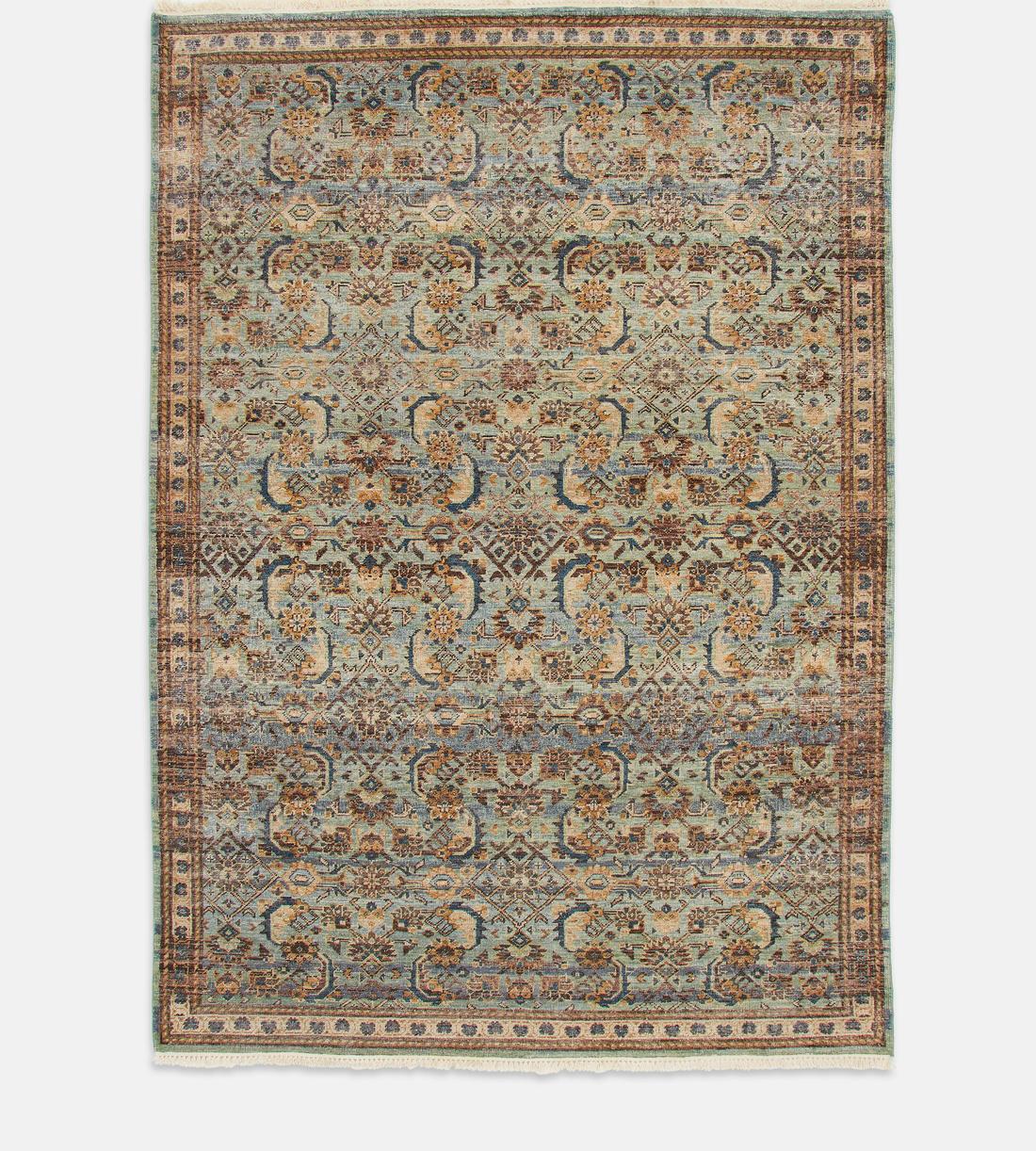Hand-Knotted Teal & Gold Oushak Rug – Vintage-Inspired Persian Wool Area Rug with Fringes