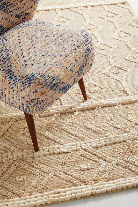 Natural Ivory Jute & Wool Rug – Handwoven Flatweave with Geometric Chevron and Diamond Design