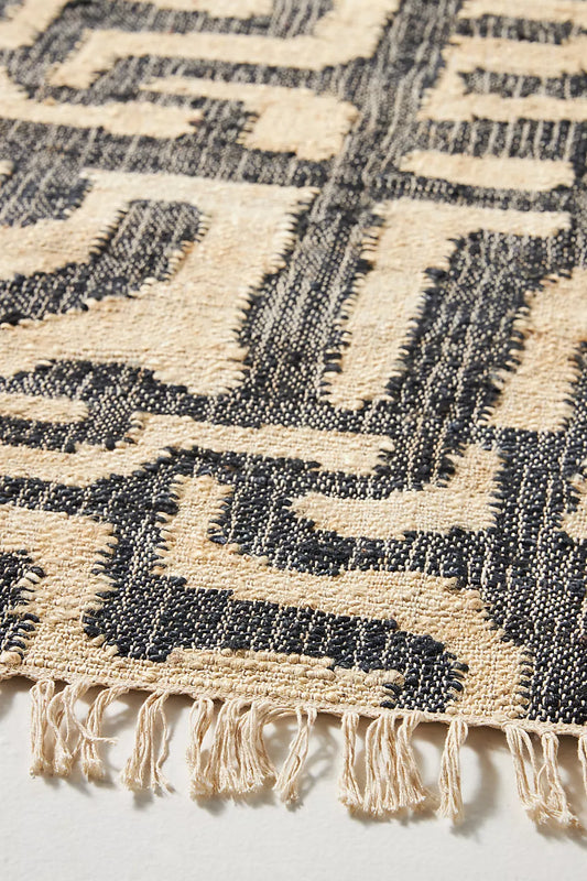 Modern Flatweave Jute & Wool Rug – Handwoven with Abstract Maze Motif in Beige & Natural