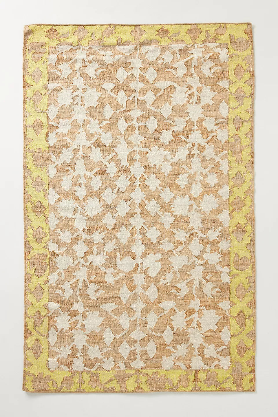 Handwoven Jute & Wool Rug with Floral Border Design - Natural, Yellow & Ivory