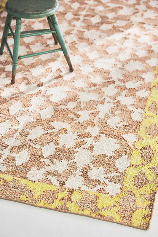 Handwoven Jute & Wool Rug with Floral Border Design - Natural, Yellow & Ivory