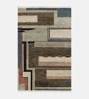 Hand-Knotted Wool Rug – Neutral Earth Tone  Olive Green, Dusty Pink & Slate Blue | Fringe Detail