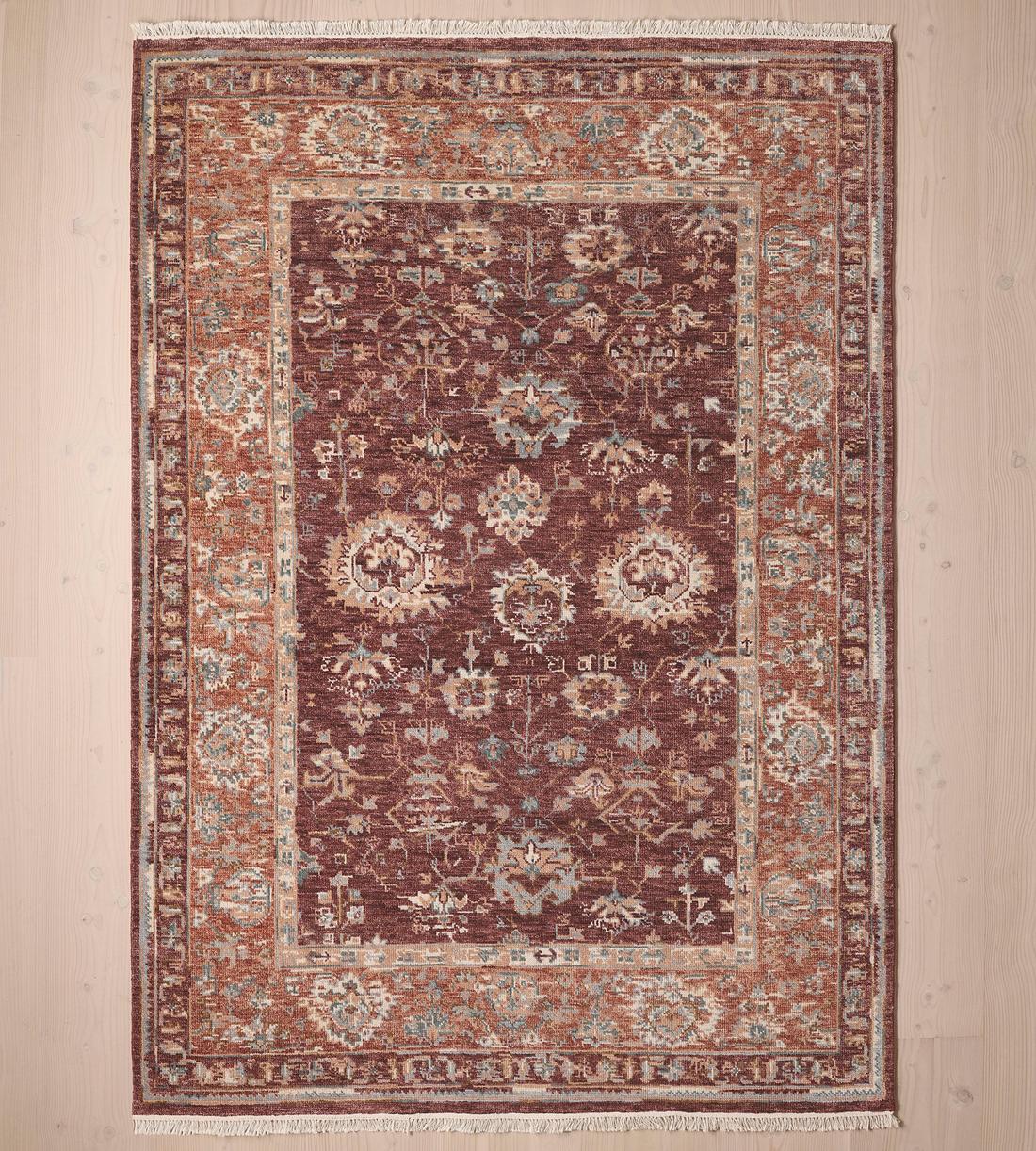 Hand-Knotted Burgundy & Rust Persian-Style Rug with Teal Accents – Vintage-Inspired Floral Area Rug with Fringes (Large Size for Bedroom or Living Room)