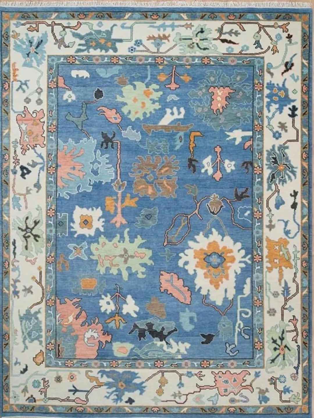 Woven Art | Hand-Knotted Oushak Rug with a Modern Twist in Blue-Green with Orange Accents