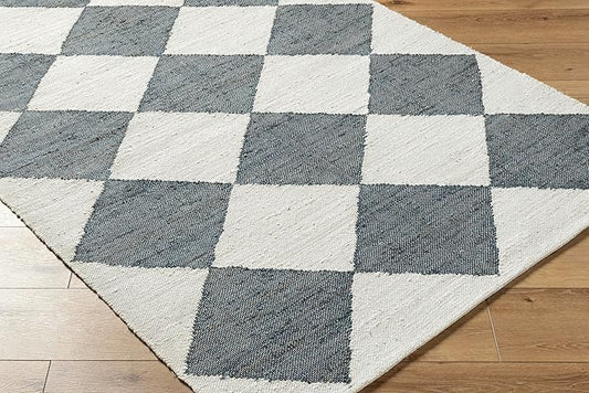 Geometric Diamond Rug – Handwoven Jute & Wool in Blue and Ivory Tones