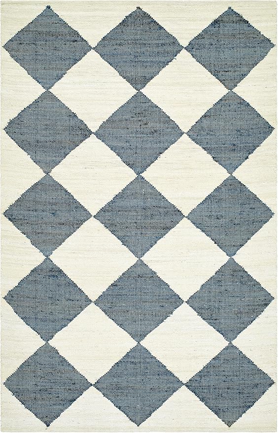 Geometric Diamond Rug – Handwoven Jute & Wool in Blue and Ivory Tones