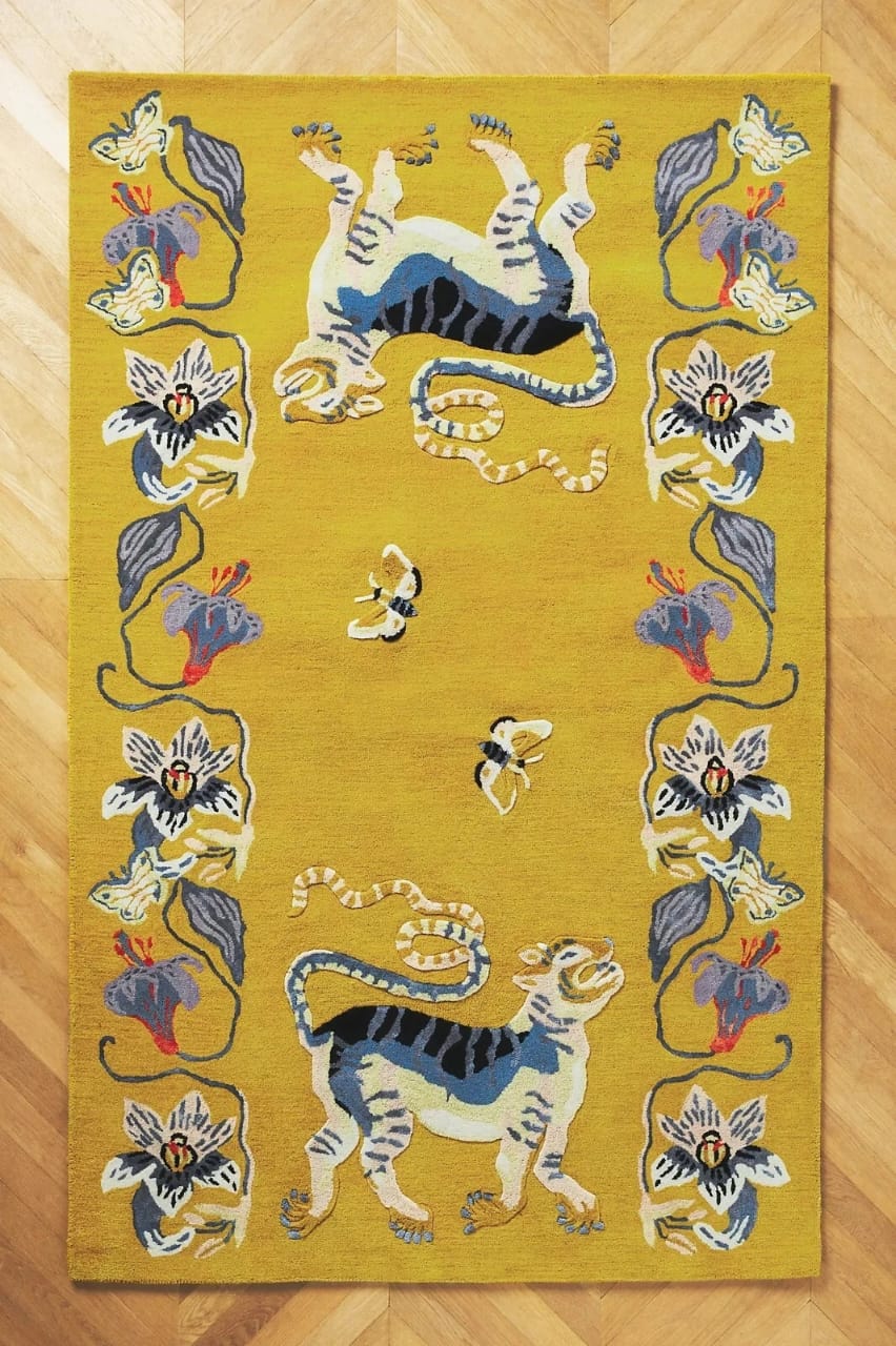 Vintage Tufted Wool Silk Rug Yellow Floral Tiger Snake Design Handmade
