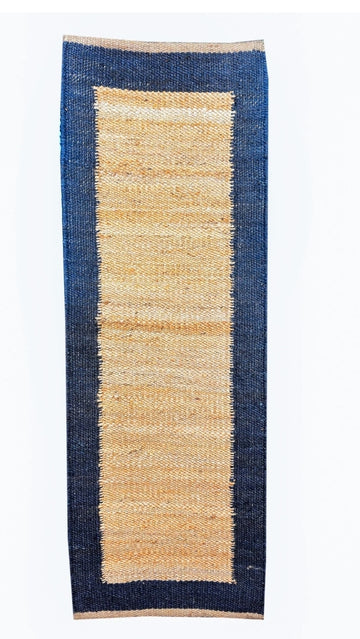 Minimalist Handwoven Runner – Jute & Wool Blend with Clean Navy Border Accent