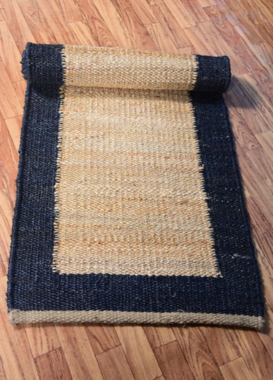Minimalist Handwoven Runner – Jute & Wool Blend with Clean Navy Border Accent