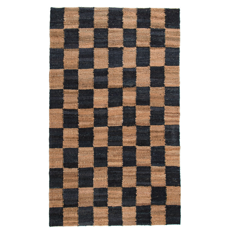Modern Checkerboard Wool & Jute Rug in Black and Brown – Handwoven Flatweave
