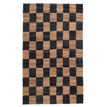 Modern Checkerboard Wool & Jute Rug in Black and Brown – Handwoven Flatweave