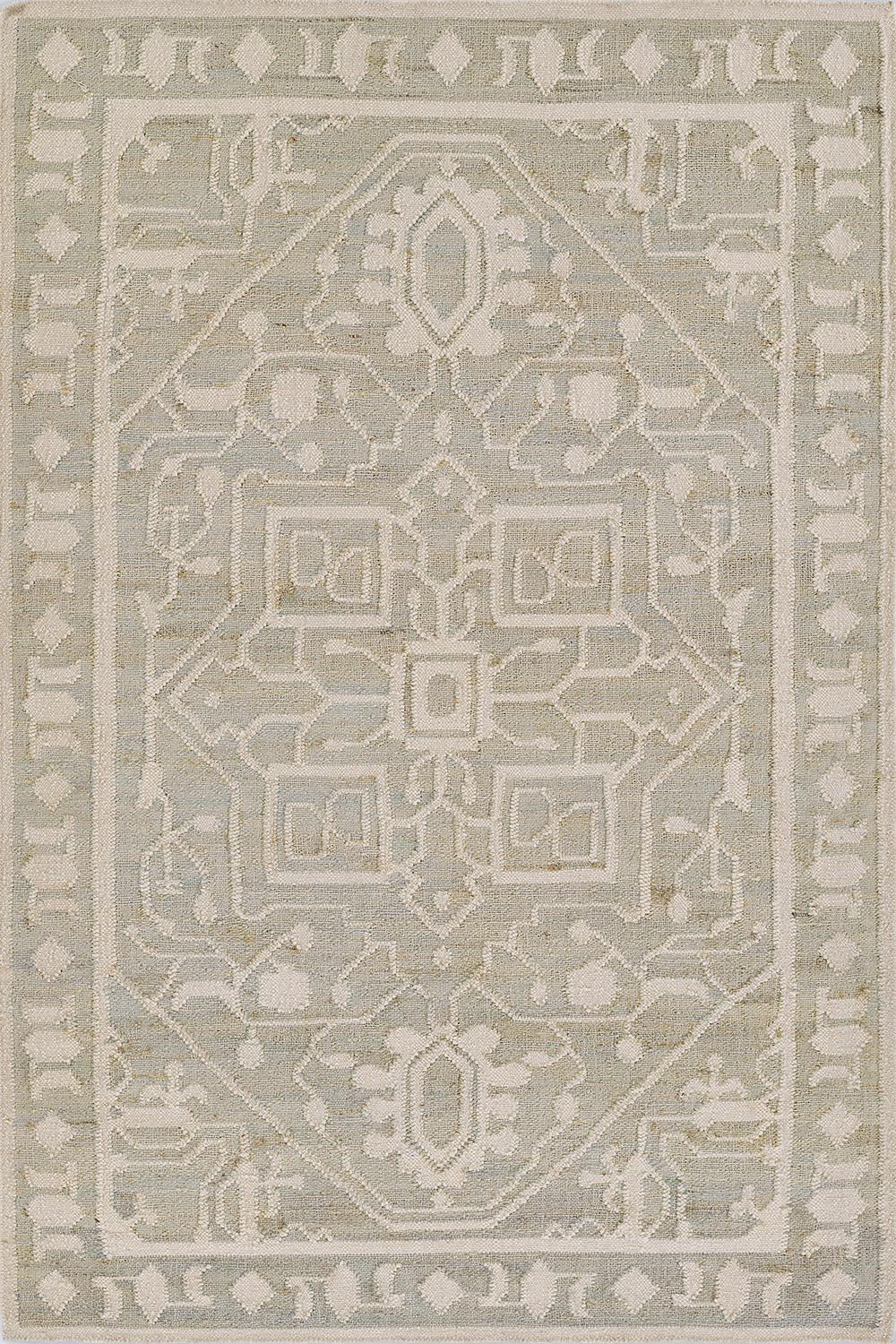 Soft Green & Ivory Geometric Rug – Handwoven Wool and Jute Flatweave