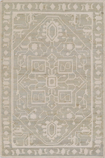 Soft Green & Ivory Geometric Rug – Handwoven Wool and Jute Flatweave
