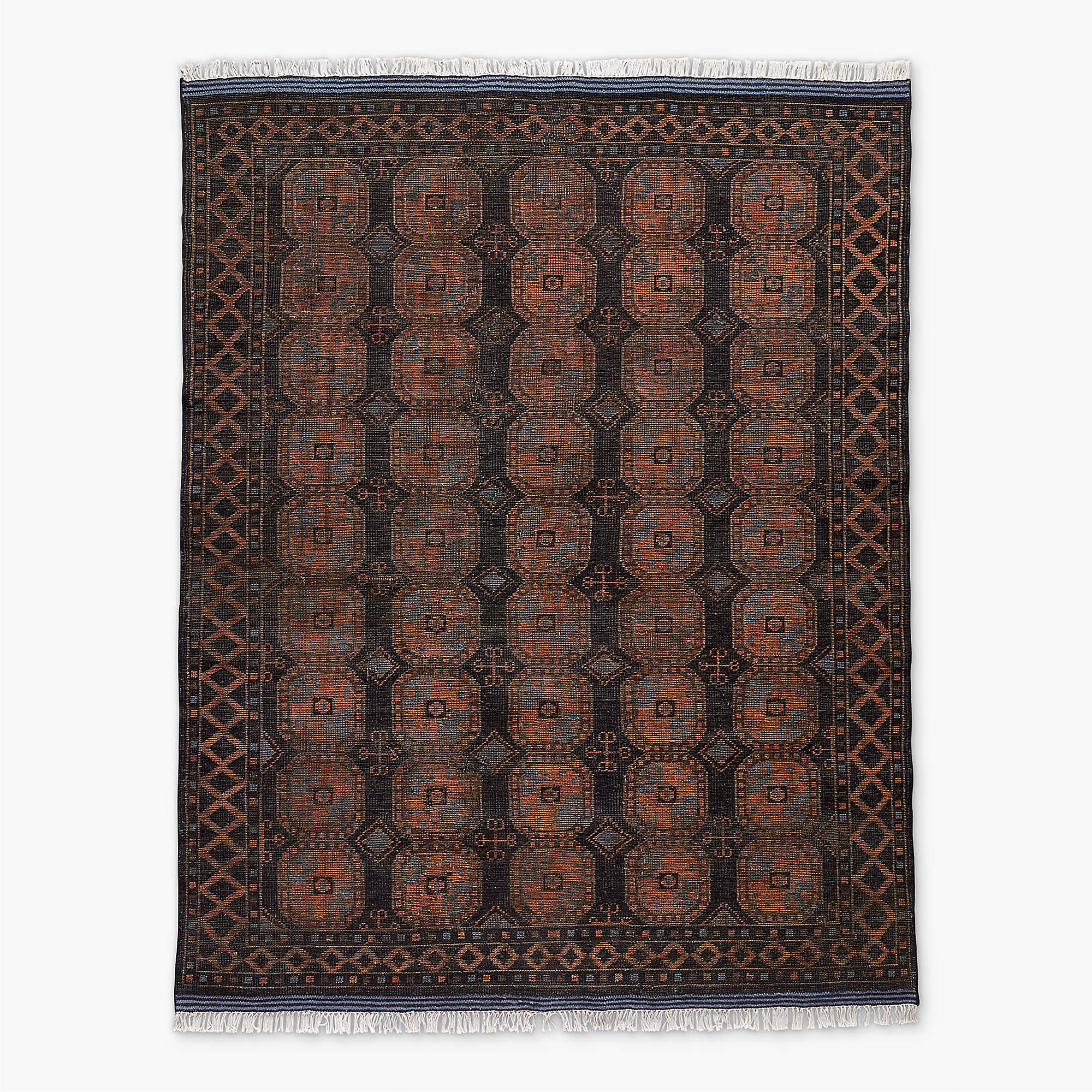 Classic Black & Rust Bokhara Wool Rug | Hand-Knotted Oriental Carpet with Timeless Geometric Design