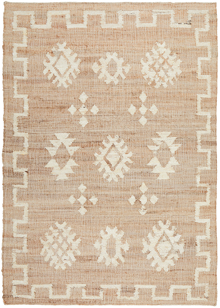 Handwoven Jute and Wool Flatweave Rug – Natural & Ivory with Tribal Geometric Pattern