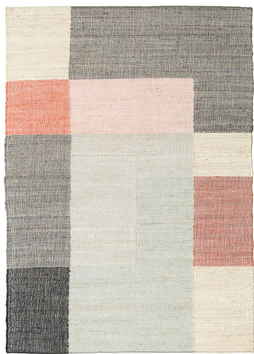 Modern Handwoven Flatweave Rug – Jute & Wool with Grey, Pink, and Ivory Color Blocking