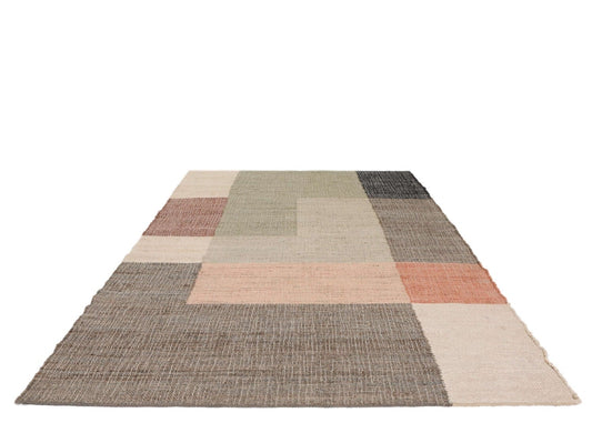Modern Handwoven Flatweave Rug – Jute & Wool with Grey, Pink, and Ivory Color Blocking