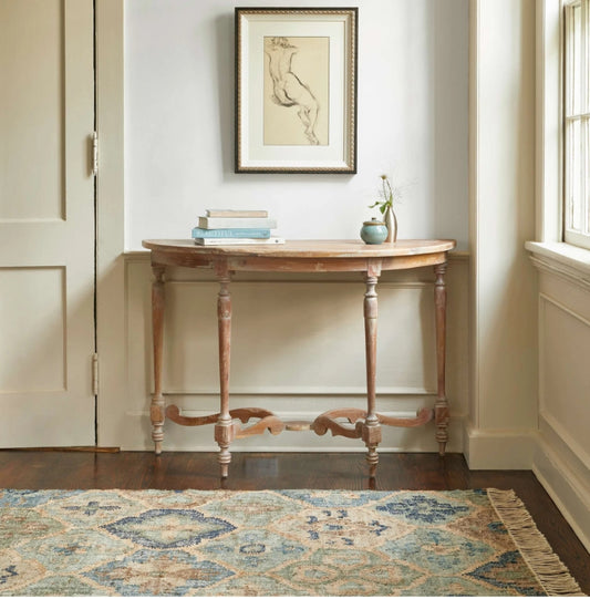 Blue & Beige Geometric Medallion Rug – Handwoven Wool-Jute Flatweave