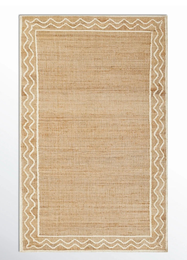 Natural Jute Area Rug – Handwoven Flatweave with Decorative Ivory Zigzag Edge