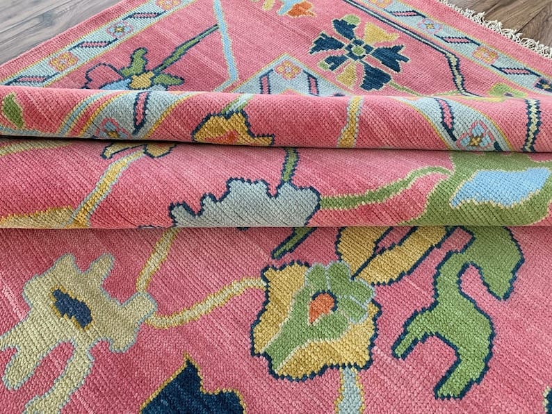 Exquite Pink Oushak Style Hand Knotted High -Quality Wool Rug, Living Room, Bedroom