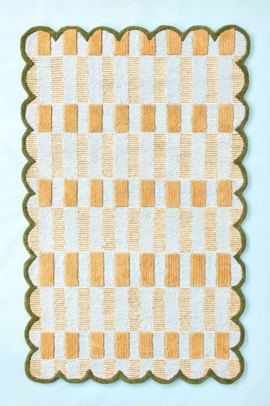 Hand-Tufted Wool Area Rug Soft Plaid Checkerboard Green Border Modern Decor