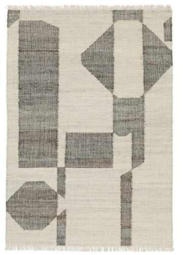 Modern Geometric Block Flatweave Rug – Handwoven Wool & Jute in Gray and Ivory Tones