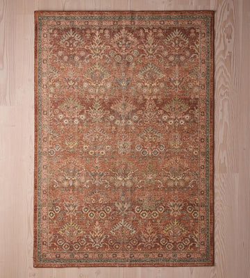 Rust Red Hand-Knotted Oushak Rug – Vintage Turkish Wool Carpet with Floral Medallion Design