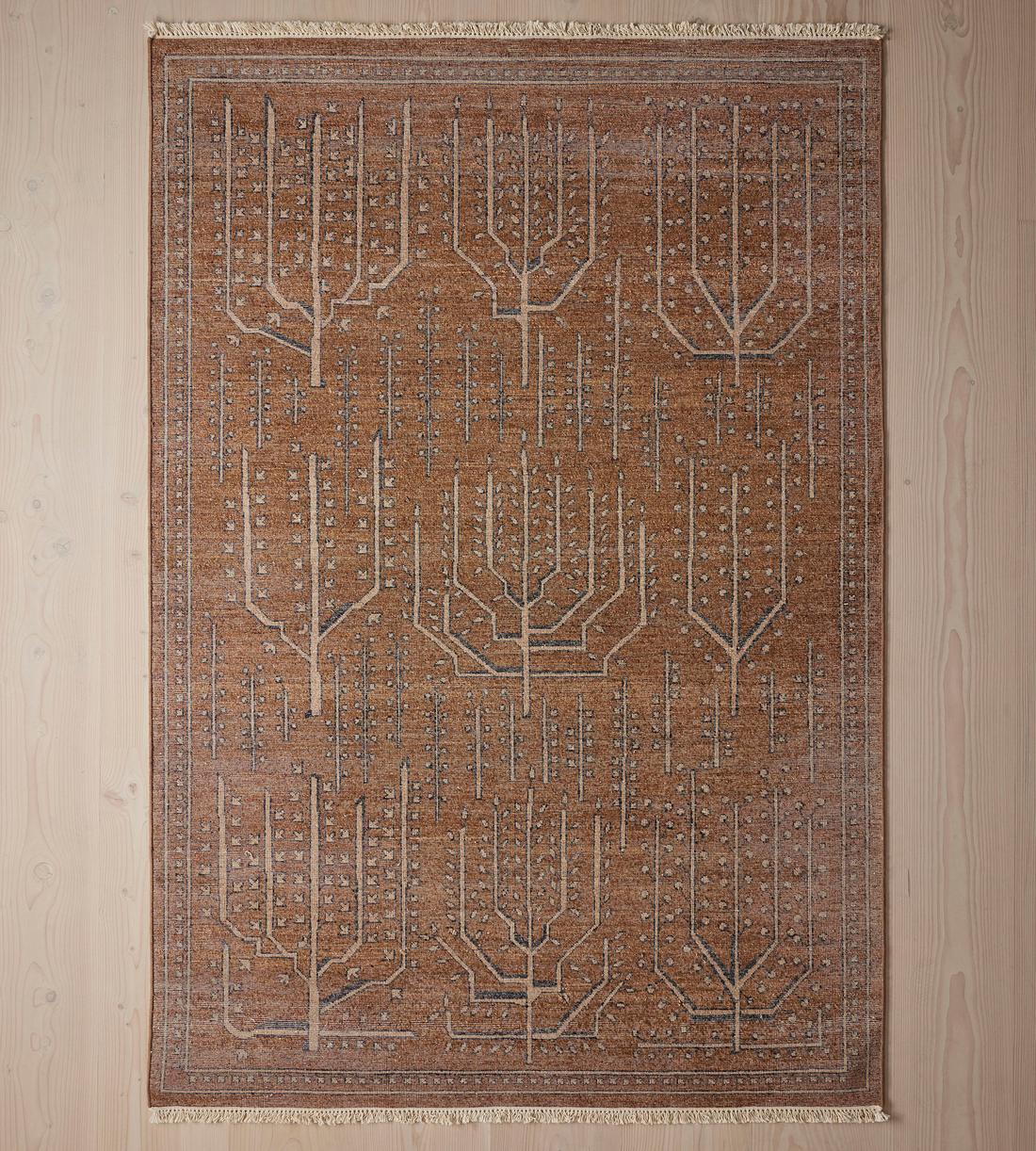 Hand-Knotted Wool Rug in Rust Brown – Botanical Tree & Geometric Tribal Design