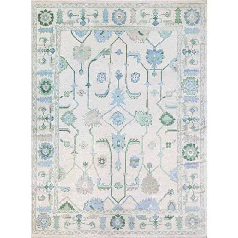 Oceanic Serenity Hand-Knotted Wool Rug – Seafoam and Off-White Oushak Carpet, Premium Handmade Area Rug for Modern Interiors