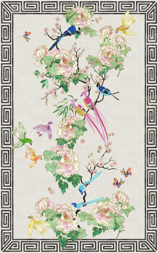 Premium Hand-Tufted Floral Birds Paradise Chinoiserie Garden Rug  – 9x12 ft | Pink &  Blue with Elegant Viscose Accents