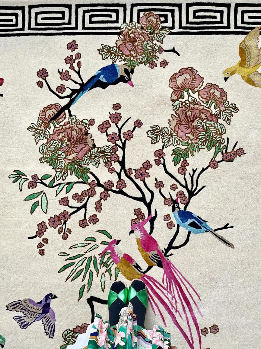 Premium Hand-Tufted Floral Birds Paradise Chinoiserie Garden Rug  – 9x12 ft | Pink &  Blue with Elegant Viscose Accents