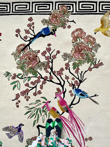 Premium Hand-Tufted Floral Birds Paradise Chinoiserie Garden Rug  – 9x12 ft | Pink &  Blue with Elegant Viscose Accents