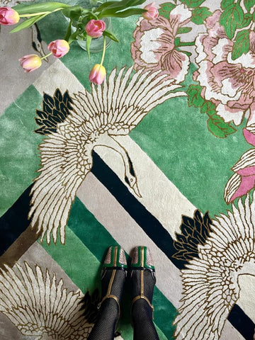 Designer Hand-Tufted Area Rug, Crane and Floral Design with Viscose Accents, Large 9x12 Carpet (Green and Pink)