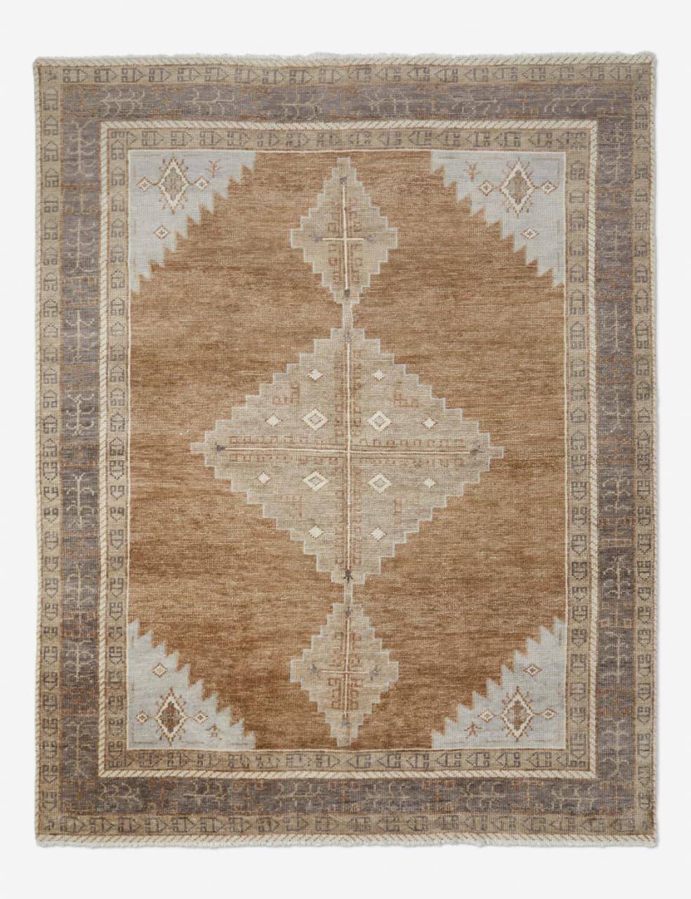 Hand-Knotted Tribal Wool Rug – Warm Brown & Beige Oushak Carpet, Vintage Geometric Design for Living Room & Bedroom