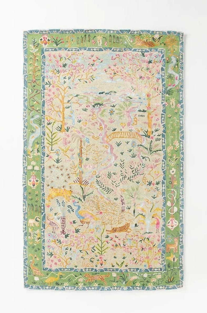 Hand-Tufted Pictorial Wool Rug – Hunting Scene & Jungle Garden Design, Vintage Persian-Inspired Animal Carpet
